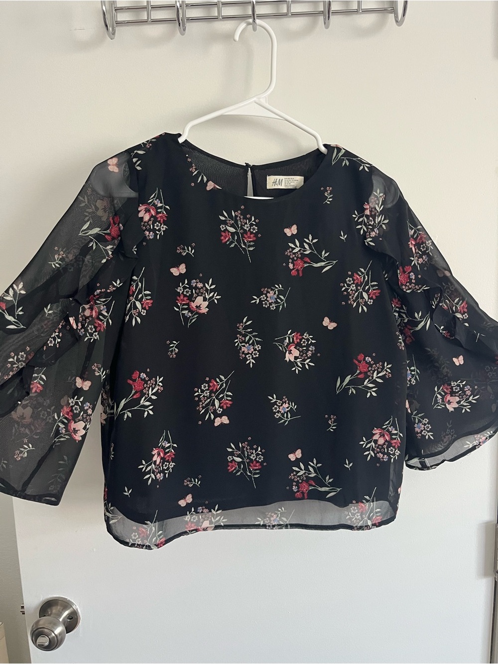 H&M Black Floral Sheer Bell Sleeve Blouse